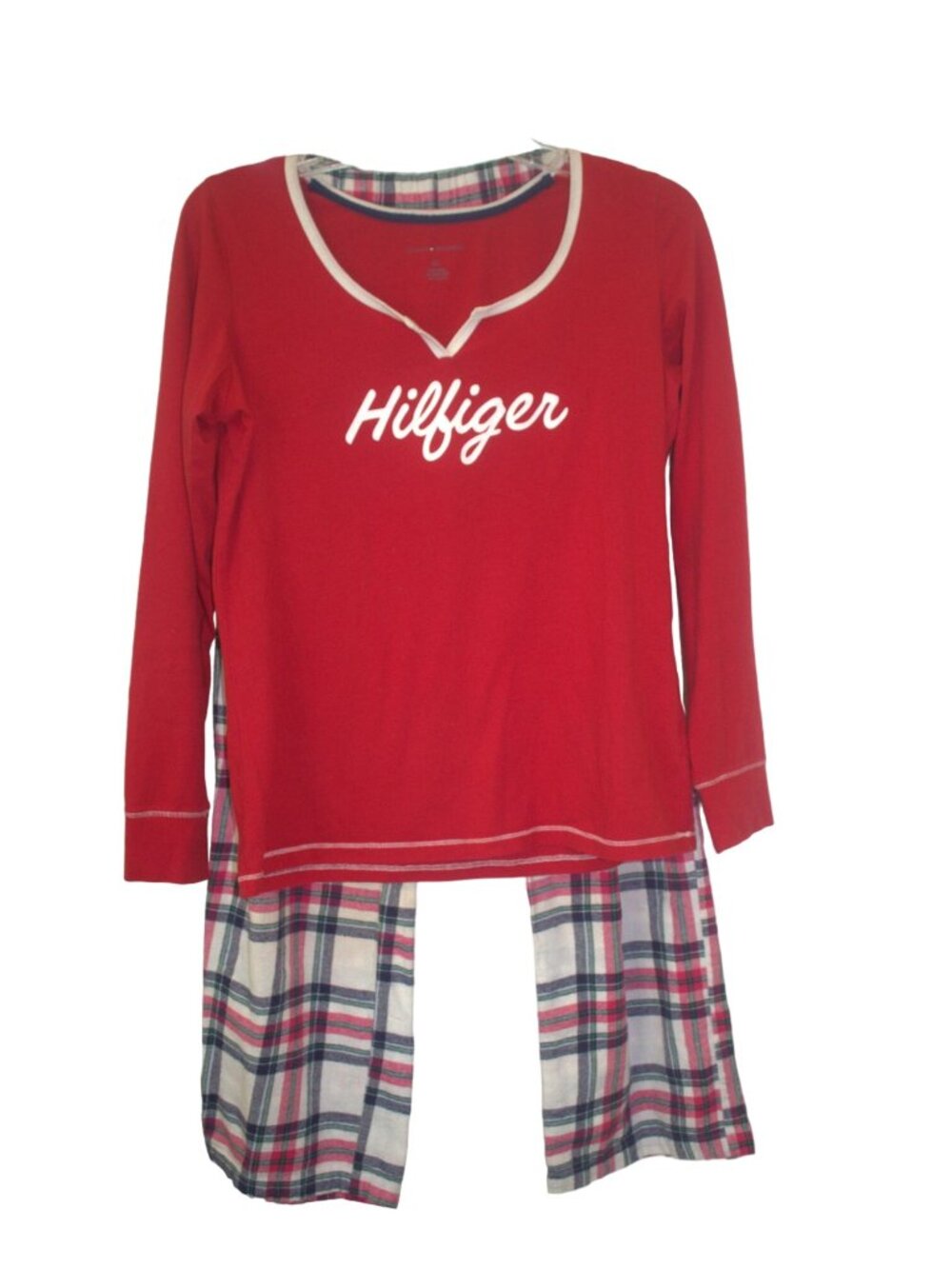 Tommy Hilfiger Women's Small Pajama Set Red Flannel Plaid Pants & LS Top #I-7 - Picture 1 of 6